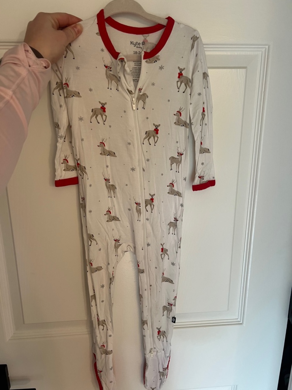Kyte BABY White Reindeer Zip Romper with Red Trim